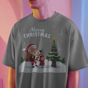 Merry Christmas T-Shirt - Santa and Tree Graphic Design - Cute Holiday Tee for F